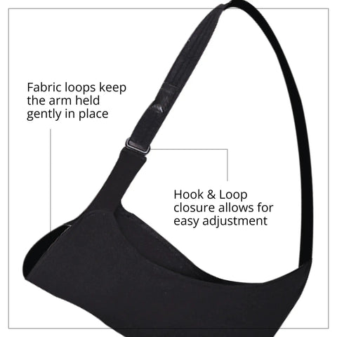 Super Comfy Adjustable Arm Sling For Shoulder Elbow Support With Soft Lightweight Fabric Easy Hook Loop Closure shown with adjustable straps.