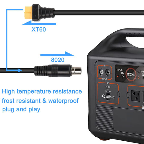 XT60 To 8mm Adapter Cable 14AWG DC8020 Power Connector next to power station with labels showing XT60 and 8020 ends