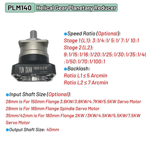 High Precision Helical Planetary Gearbox Step Down Motor Reducer Sporting A Smooth 35 To 1 Ratio For 1 2 To 3 Kilowatt Servos In A Dope Purple Shell, showcasing specifications and dimensions.