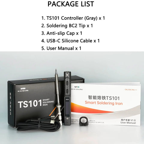 Smart Soldering Iron Upgrade TS101 With PD And DC Power 90W Max, USB-C cable, BC2 tip, and manual displayed
