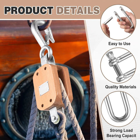 Two Pack Four Inch Wood Manila Rope Pulley Block With Hook Single Wheel Cable Pulley Half Inch Rope Two And A Quarter Inch Sheave 1000 Lbs WLL for Light Industrial Construction And Marine Projects in use on a boat
