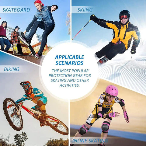 Diverse sports activities show All Ages Skating Protective Gear Set With Helmet Knee Pads Elbow Pads And Wrist Guards in use