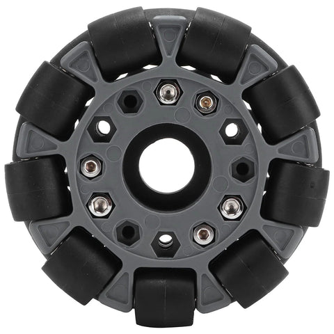 100mm omni wheels for robots with nylon-rubber composition, designed for 360-degree movement and high load capacity.