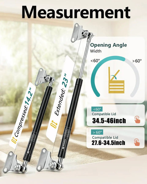 Measurement diagram for 23 Inch Gas Struts With Heavy Duty Mount Brackets For RV Bed Support and Storage Hatches 100 Pound Force showing extended and compressed lengths.