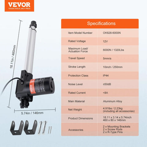 12V Linear Actuator, 10 Inch Stroke, Heavy Duty 1320lbs and 6000N Lift, specifications and mounting brackets