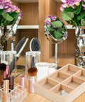 Six Compartment Pine Wood Jewelry Tray, Rustic Desktop Catch All For Rings And Necklaces, Chic Divided Organizer on a vanity.
