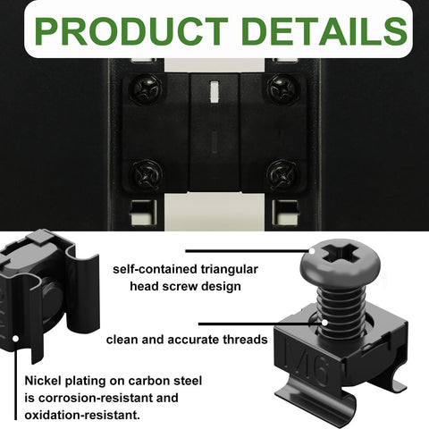 Heavy Duty Black M6 Rack Mount Cage Nuts And 16mm Pan Head Screws With Washers For Server Cabinets Routers close-up of screw details and design.