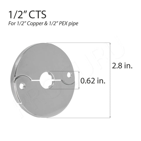 Hinged Split Escutcheons For One Half Inch CTS Pipes In Chrome Finish With Screws Five Eighth Inch OD Pipe Covers 2.8 inch size
