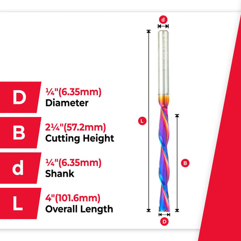 Diagram showing Beefy Foam Cutting Down-Cut Spiral Router Bit, 1/4 inch diameter, 2-1/4 inch cutting height, 1/4 inch shank, 4 inch long