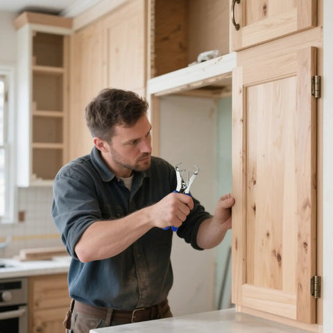 Upgrade Your Diy Wood Decor Molding Frame Projects With These Awesome Stainless Steel Spring Clamps Featuring Non-Slip Textured Grips For Secure Hold And Less Hand Fatigue While Building Pro-Grade Woodworkin Gear. in use on a wood cabinet door