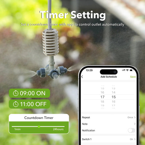 Timer setting interface for Outdoor Smart WiFi Plug Outlet With Heavy Duty Grounded Outlet No Fuss Remote App Control And Voice Control Works With Alexa And Google Home 2.4 GHz WiFi Only ETL Listed 1 Pack