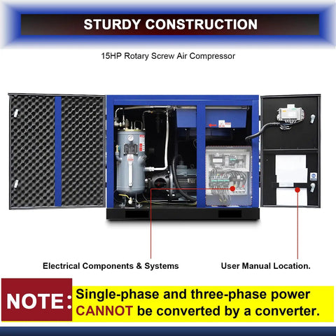 Internal view of Heavy Duty 15 HP Rotary Screw Air Compressor, 56 CFM At 125 PSI, 230V 3 Phase, showing components and user manual slot