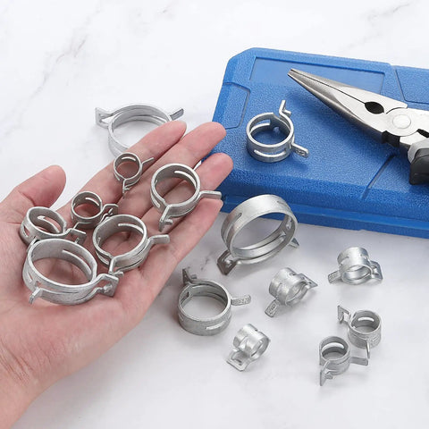 Hardcore Spring Band Hose Clamps For Fuel Lines And Silicone Vacuum Pipes Bullet Proof Seal Zinc Chrome Plated Steel in hand.