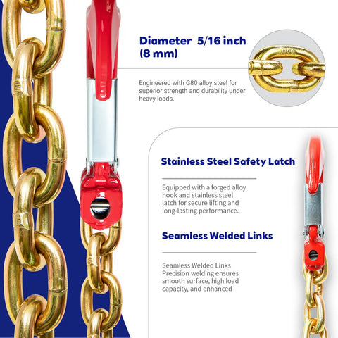 Grade 80 Single Leg Chain Sling Five Sixteenth Inch By 6 Feet WLL Four Thousand Four Hundred Pounds With Oblong Master Link And Clevis Sling Hook Heavy Duty Lifting Gear For Shop Floor, 5/16 in chain