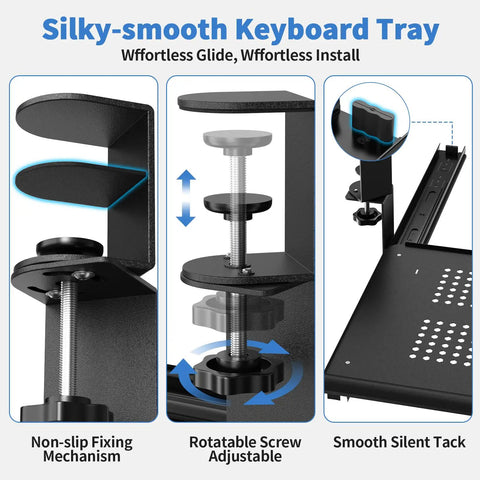 Under Desk Keyboard Tray That Slides Out Like A Boss Full Metal Build Rust Resistant C-clamps close-up with mechanisms.