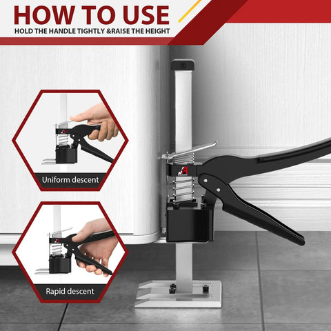 Image demonstrating Super Handy Arm Lifter Hand Jack Tool 2 Pack For Cabinets Wall Tile And Furniture Installations in use