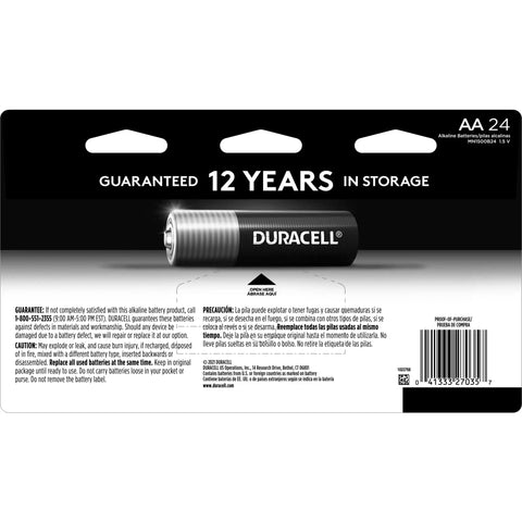 Heavy Duty Copper Top Aa Batteries 24 Pack 12 Year Storage Guarantee with instructions on the back for usage and precautions.