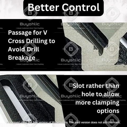 Boss Level SGI V Block Jig Fixture For Center Drilling Round Workpieces Up To Two Inch Capacity showing cross drilling passage and clamping slot.