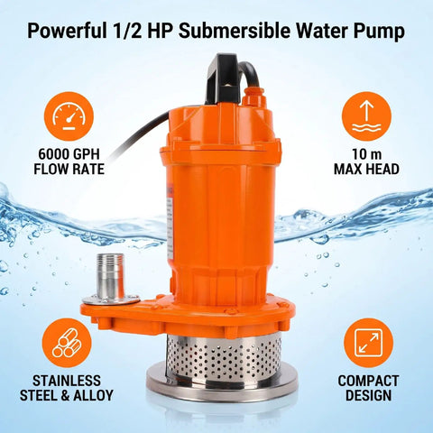 Tough Job Submersible Sump Pump For Quick Basement Bailout And Flood Cleanup 6000 Gallons Per Hour Output With Quiet Motor And Compact Build For Home Or Shop Use, showing orange pump with stainless steel base.