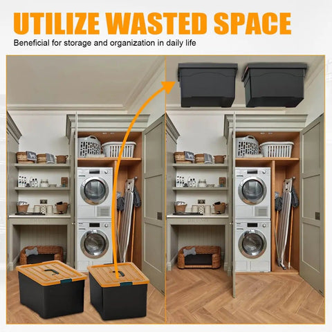 Overhead Garage Storage Rack For Ceiling Mount, Heavy Duty Ceiling Bracket For Garages Sheds Storerooms, Adjustable Width And Orientation, Black Finish, 1 Bin Included, DIY Friendly Install, Space Saver mounted with bins in laundry room.