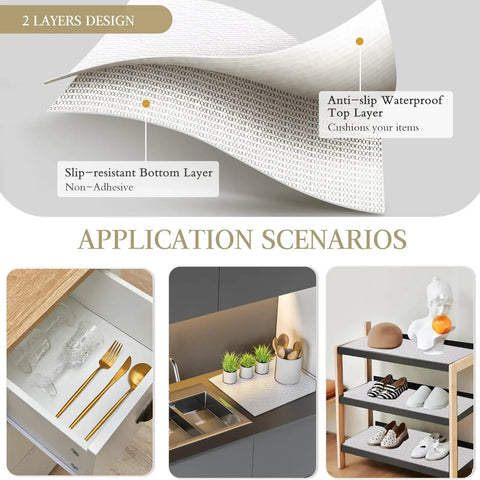 Premium White Non Adhesive Shelf And Drawer Liner For Kitchen Cabinets Pvc Based Non Slip Organizer Roll showcasing layers and applications.