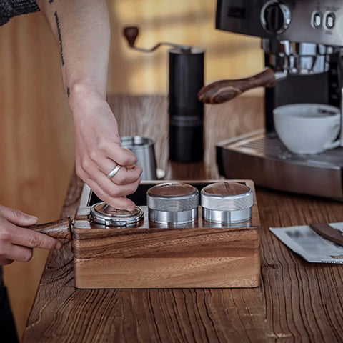 Solid Wooden Coffee Knock Box With Embedded Silicone Rod Heavy Duty Espresso Tamping Station Floor Bin For Home Baristas setup with coffee grinder.