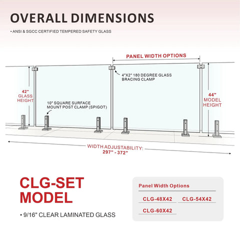 Overall dimensions diagram for Top Shelf Frameless Glass Railing Kit featuring six panels of crystal clear laminated tempered glass.