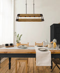 Rustic Modern Farmhouse Kitchen Island Light With Wood Panel Rectangular Frame 34 Inch Five Light Oil Rubbed Bronze Finish And Russet Oak Panels For Industrial Cozy Vibe above a dining table