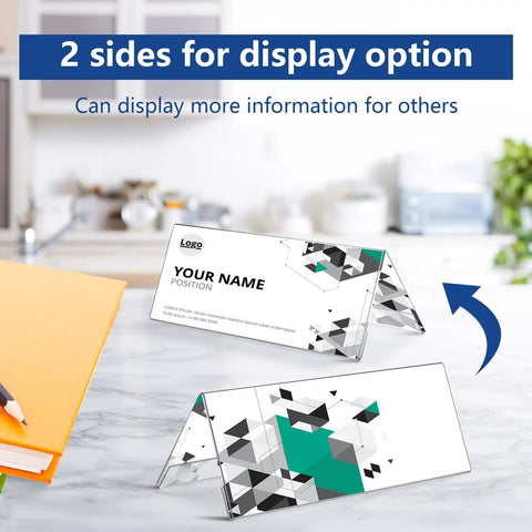 24 Pack Clear Acrylic Name Plates For Desk 8.5 By 3 Inch Double Sided Sign Frames For Table Display Blank Name Plates With Back Side Note Space For Office Meetings Conference Rooms Classroom, shown in a tabletop scene.