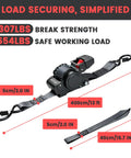Heavy Duty Retractable Ratchet Straps 2 Inch By 13 Feet With 3307 Pound Break Strength shown with dimensions and labels