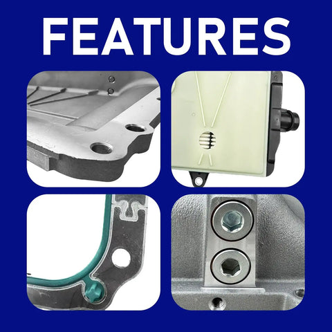 Close-up features of Beefed Up Aluminum 10R80 Transmission Pan Kit with magnetic drain plug, bolts, and gasket for Ford models.