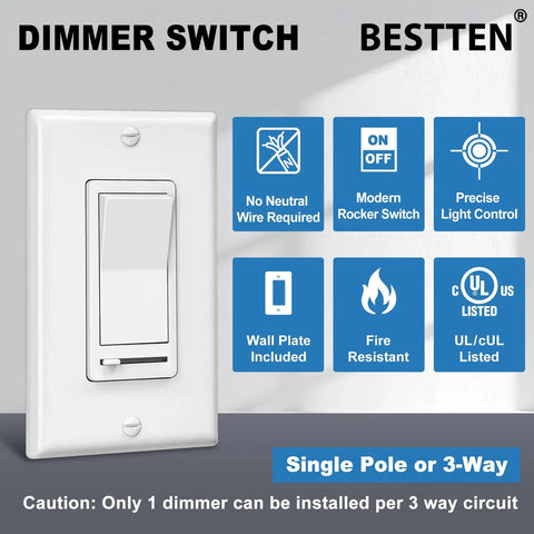 Two Pack Dimmable Light Switch For Single Pole Or 3 Way, Flicker Free With Side Adjustment Wheel, UL Listed, Wall Plate Included