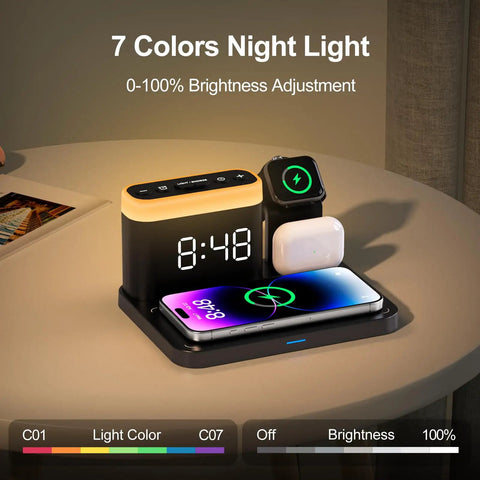 Must Have All In One MagSafe Wireless Charging Station With Alarm Clock And Night Light Five In One Dock For iPhone 17 16 15 14 13 12 Pro Max Plus Apple Watch Series 11 10 9 8 And AirPods Perfect Bedroom Nightstand Organizer featuring 7 color night light and digital clock on bedside table.