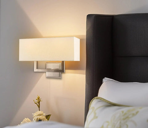 Haven 16 Inch 2 Light Totally Chic Modern Wall Sconce With White Fabric Shade, rectangular silver light in bedroom setting