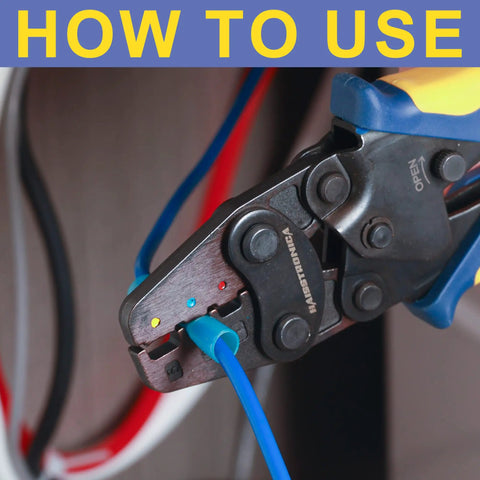 Heavy Duty Ratcheting Crimping Tool For Heat Shrink Connectors, 7 Inch Wire Crimper in use on blue wire, focus on tool jaws