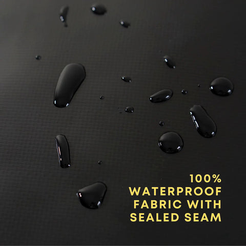 Close-up of black waterproof tarpaulin fabric with water droplets for Waterproof Mountain Bike Handlebar Cover With Hook And Loop Strap Black XL Rainproof Bar Protector For Road Bicycles And Bikepacking Gear Sealed Seams Durable Tarpaulin Orange Accents