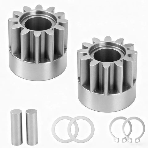 Left And Right Side Wheel Drive Pinion Replacement Gear Kit For 42 Inch Lawn Sweepers with locating pins and washers.