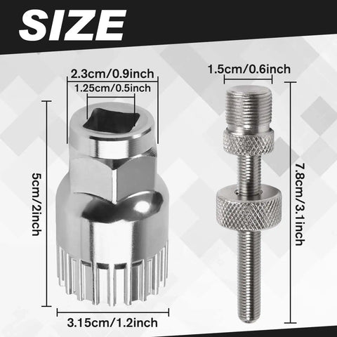 Beefy 20Cr Steel Bottom Bracket Tool With Anti Drop Device showing dimensions, silver finish for Shimano Octalink ISIS BB Remover