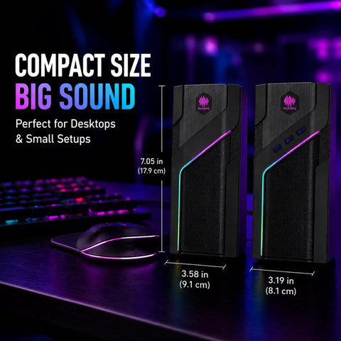 RGB Gaming Speakers For PC Desktop With 21 Lighting Modes, Bluetooth Ready Stereo Computer Speakers on a desk