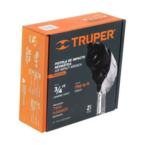 Heavy Duty Pneumatic Impact Wrench 3/4 Inch Drive packaging showing industrial features and specifications for serious mechanic jobs.