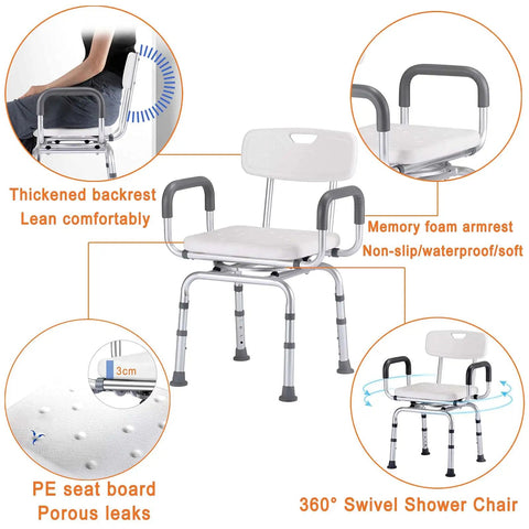 360 Degree Swivel Shower Chair With Arms And Back, Heavy Duty Bath Bench, Adjustable, highlighted features and dimensions