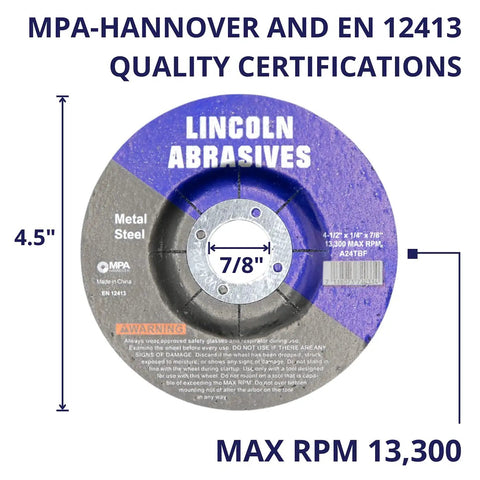Heavy Duty 50-Pack 4.5 Inch Grinding Wheels T27 Depressed Center For Metal With Aluminum Oxide Grain, Fiberglass Reinforced, 1/4 Inch Thick, 7/8 Inch Arbor, Multipurpose Grinding, Deburring, Rust Removal