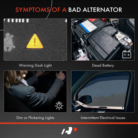 Symptoms of a bad alternator: warning dash light, dead battery, dim lights, intermittent electrical issues in car diagrams.