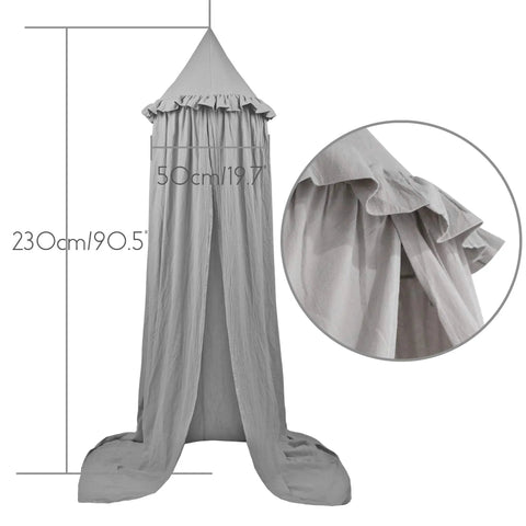 Kids Bed Canopy Tent With Frills Cotton Hanging Net For Reading Nook And Playroom Hideaway In Soft Grey with size details