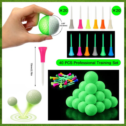 Glow In The Dark Golf Practice Ball Set With 20 Glow Balls And 20 Rubber Tees 42 Point 6 Mm Size For Night Training In Your Backyard Driving Net Charge Under Light No LED Or Batteries Needed For After Sunset Golf Practice, showing balls and tees.