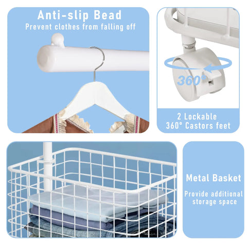 Smooth Rolling Garment Rack With Heavy Duty Hooks And Metal Basket, versatile white organizer with anti-slip bead and 360° caster.