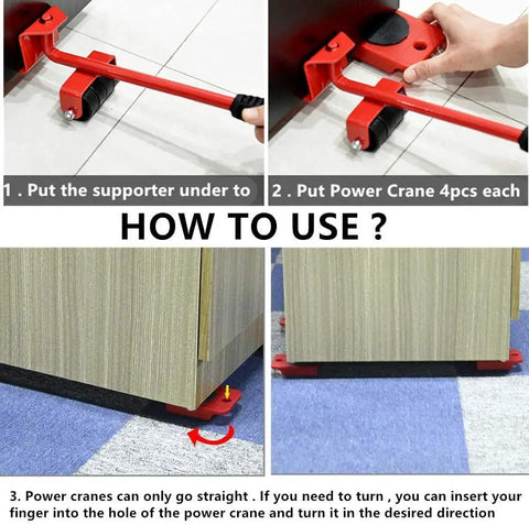 Heavy Duty Furniture Lifter And Mover Tool Set With Roller Steel Movers in use, showing lifting process on a wooden cabinet