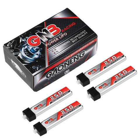 Four Pack 1S 3.7V 250mAh 30C LiPo Battery Set for Tiny Whoop FPV Drones with Micro JST 1.25 connector, box and batteries displayed.