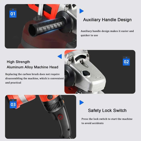 Close-up of Ironclad Workhorse 3000W Electric Angle Grinder And Wall Sander auxiliary handle and safety lock for easy operation.