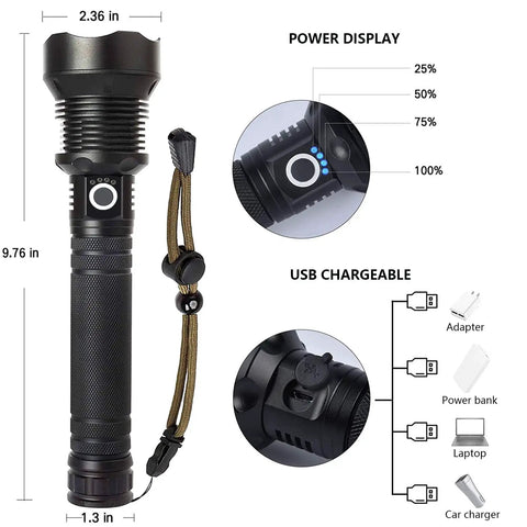Rechargeable LED Flashlight 99,000 Lumens Ultra Bright Handheld Torch With 5 Modes, Waterproof, Long Lasting Battery display.